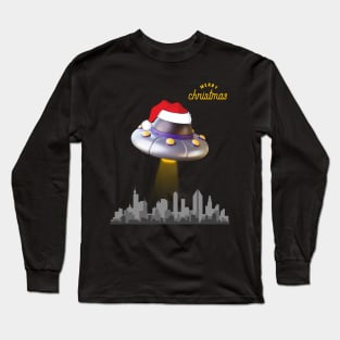 Alien Spaceship Wearing Santa Cap on Christmas Eve | UFO Sighting | Merry Christmas Long Sleeve T-Shirt